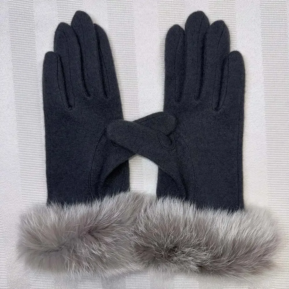 Dillards One Cashmere Wool Blend Knit Gloves Rabbit Fur Trim OS Gray NWOT